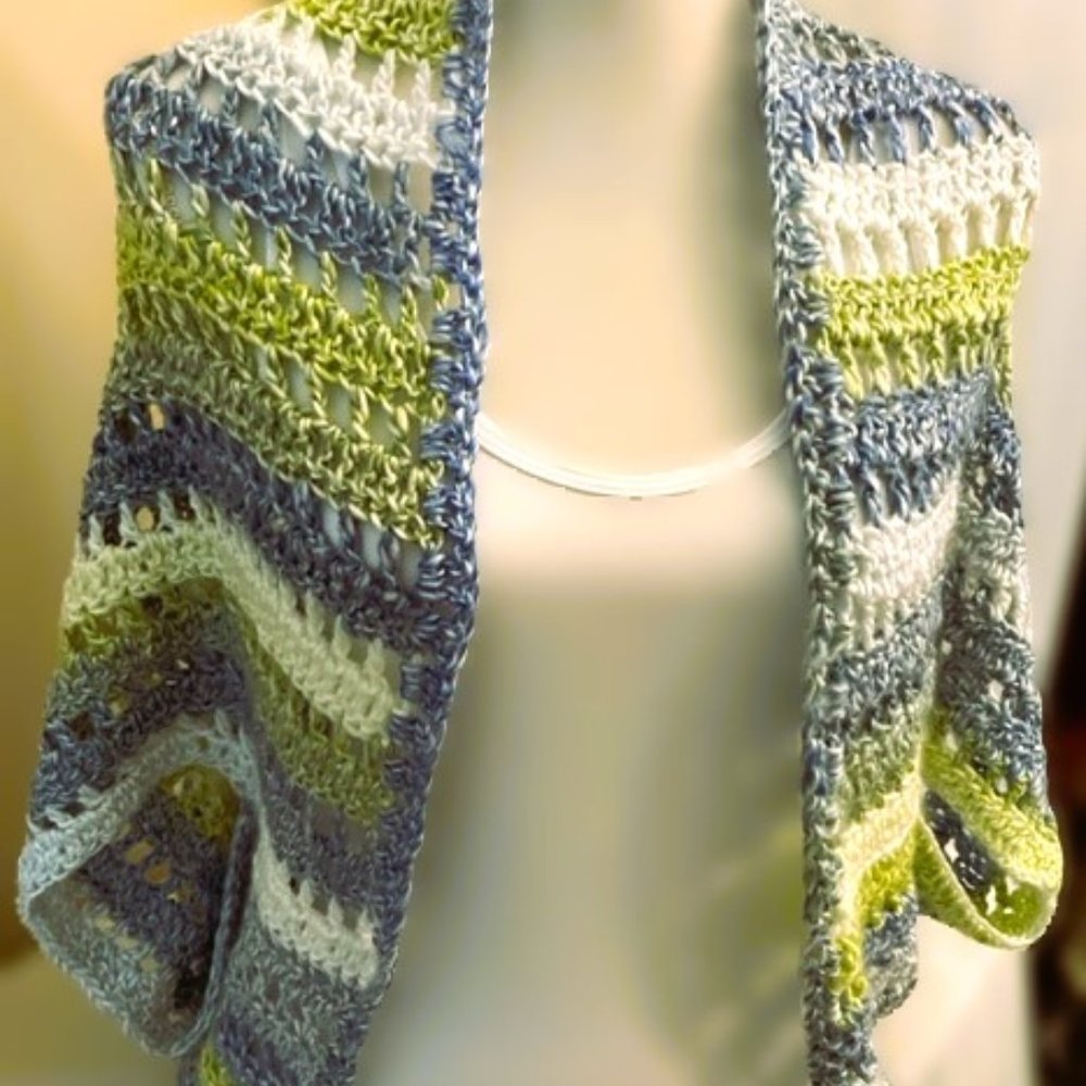 HANDMADE CROCHET COCOON SHRUG - LT WT. BLUE/GREEN/WHITE - SIZE S
